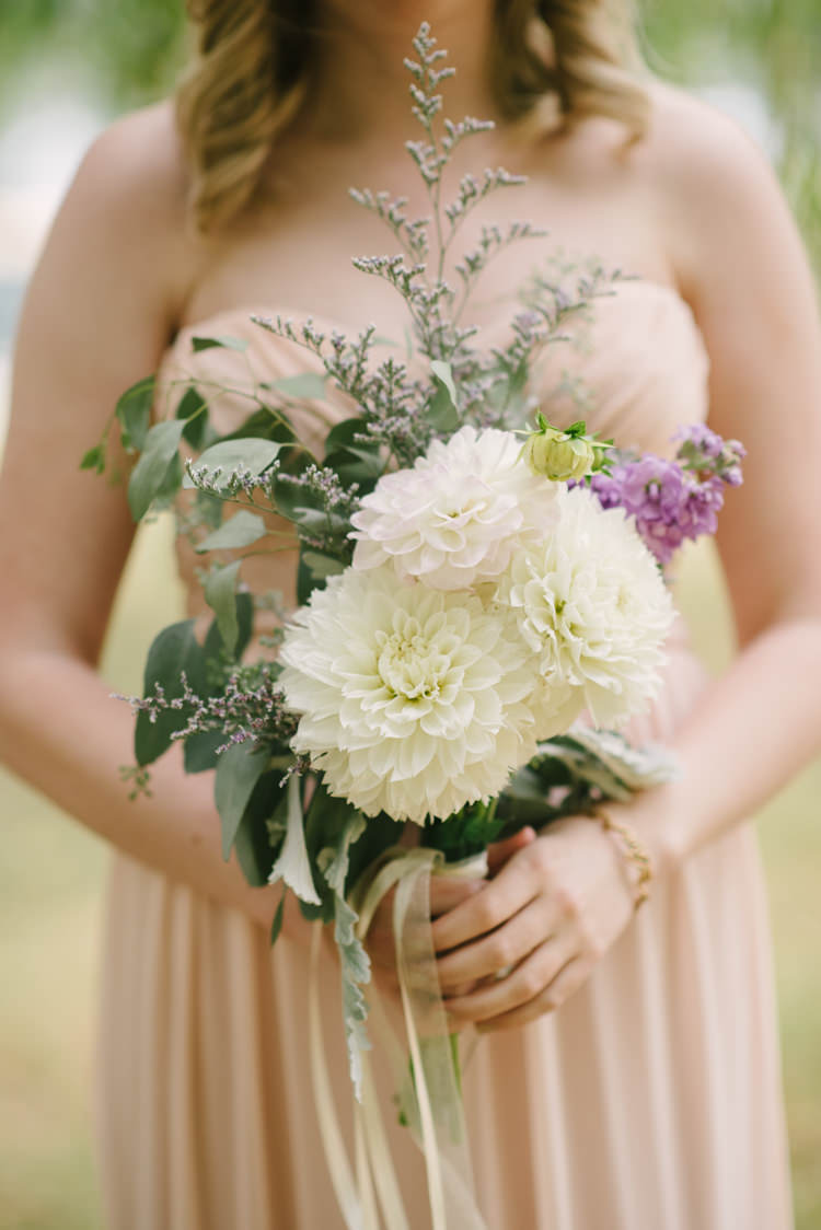 Bridesmaid Blush Strapless Dress Bouquet White Purple Chrysanthemum Florals Ribbon Magical Fairytale Forest Wedding Washington http://karissaroe.com/