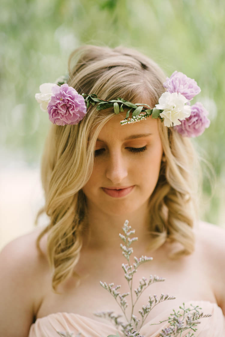 Bridesmaid Floral Crown White Purple Flowers Blush Strapless Dress Magical Fairytale Forest Wedding Washington http://karissaroe.com/