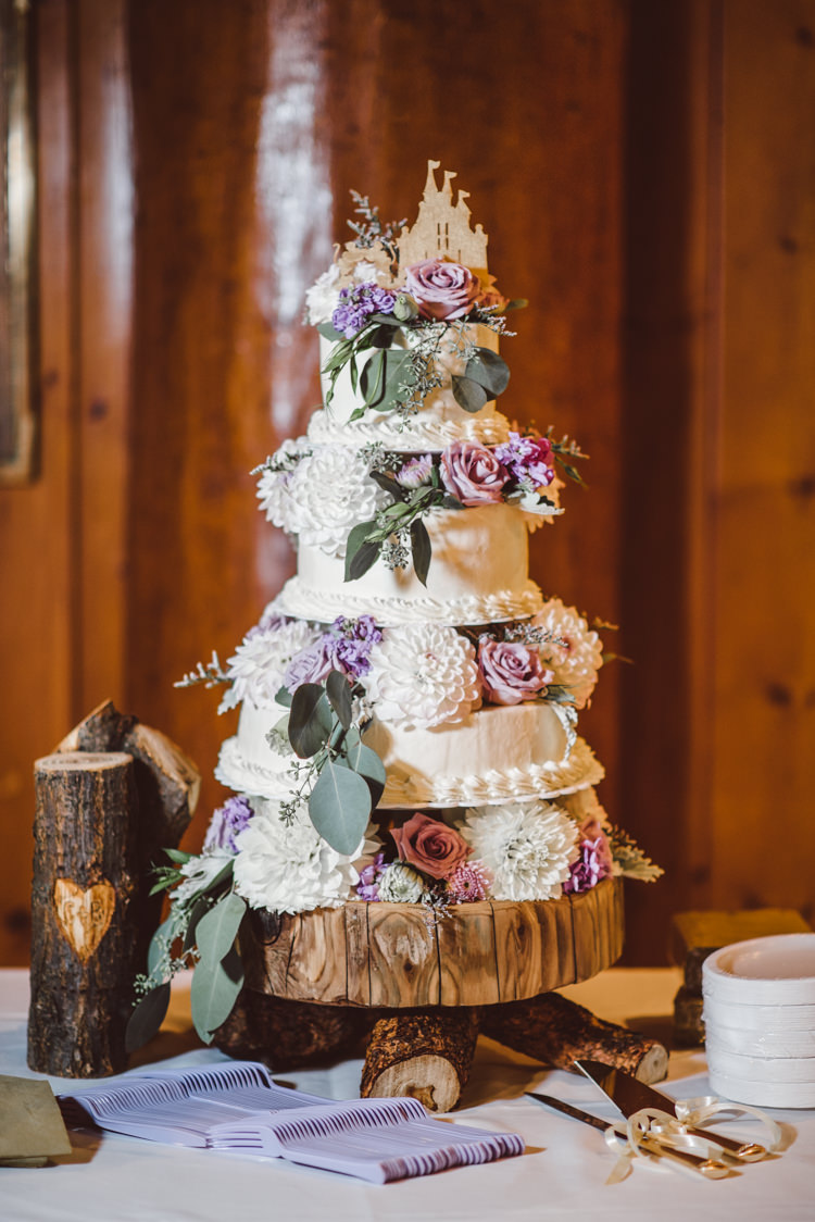 Tiered Wedding Cake Fresh White Purple Chrysanthemums Roses Florals Wooden Tree Trunk Stand Magical Fairytale Forest Wedding Washington http://karissaroe.com/