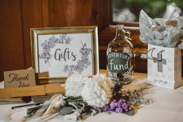 Reception Gift Table Adventure Fund Jar Handmade Signs Fresh White Purple Florals Magical Fairytale Forest Wedding Washington http://karissaroe.com/