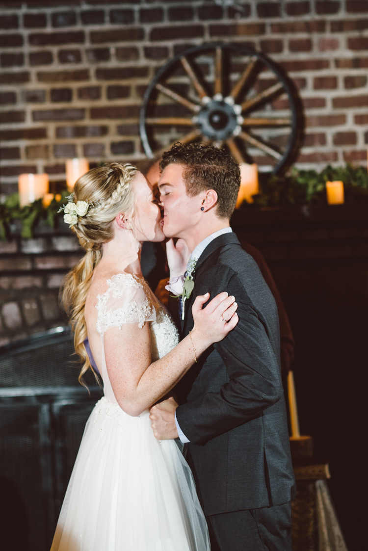 Hall Ceremony Bride Cap Sleeve Backless Tulle Bridal Gown Groom Charcoal Suit Kiss Magical Fairytale Forest Wedding Washington http://karissaroe.com/