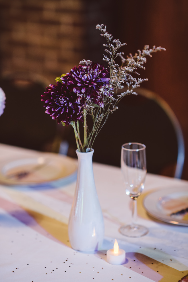 Reception Table Setting White Vase Fresh Purple Florals Magical Fairytale Forest Wedding Washington http://karissaroe.com/