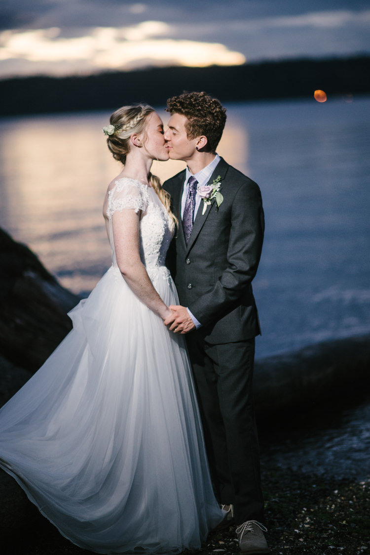 Bride Cap Sleeve Backless Tulle Bridal Gown Groom Charcoal Suit Purple Patterned Tie Sunset Beach Cloudy Sky Magical Fairytale Forest Wedding Washington http://karissaroe.com/