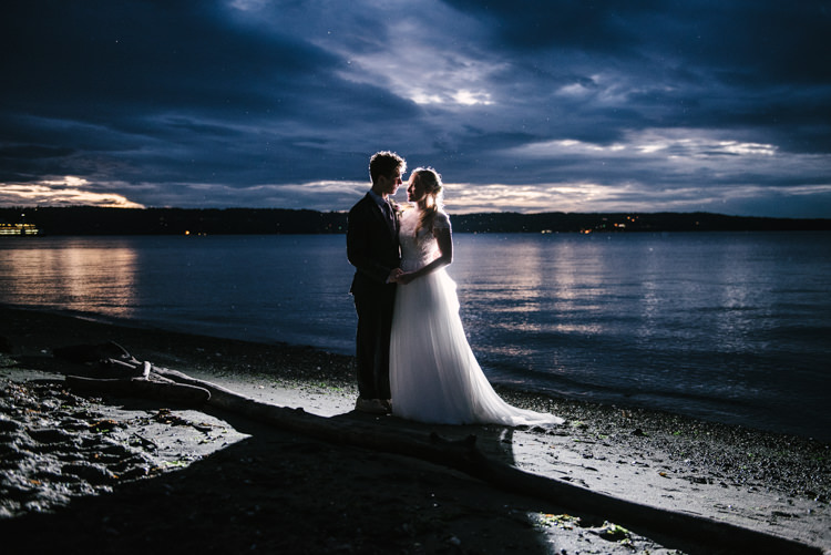 Bride Cap Sleeve Backless Tulle Bridal Gown Groom Charcoal Suit Sunset Beach Cloudy Sky Magical Fairytale Forest Wedding Washington http://karissaroe.com/