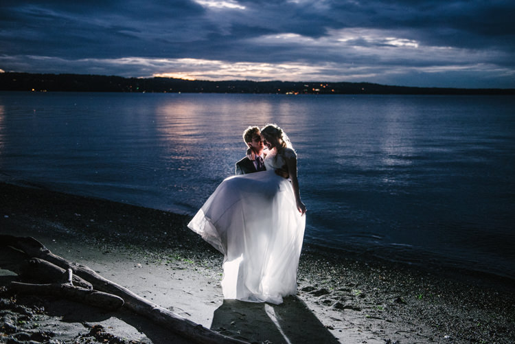 Bride Cap Sleeve Backless Tulle Bridal Gown Groom Charcoal Suit Sunset Beach Cloudy Sky Magical Fairytale Forest Wedding Washington http://karissaroe.com/