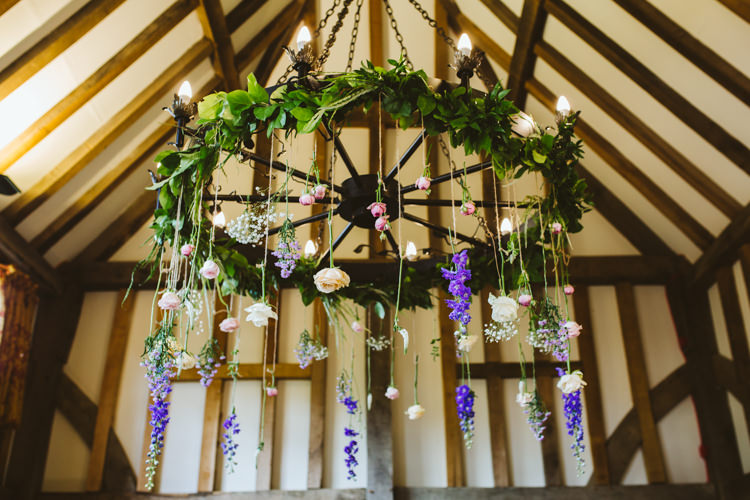 Flower Chandeliers Hanging Pretty Festival Barn Countryside Wedding http://www.claretamim.co.uk/