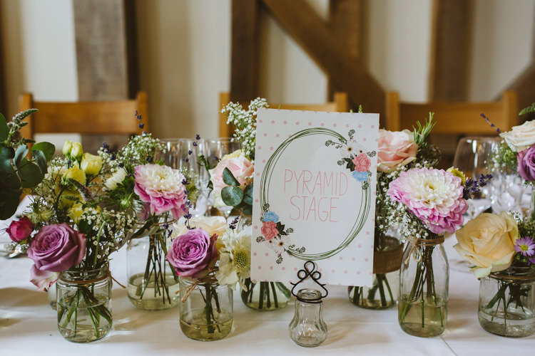 Jar Flowers Pink White Peach Table Name Stationery Pretty Festival Barn Countryside Wedding http://www.claretamim.co.uk/