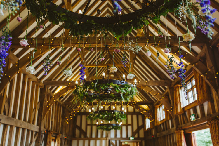 Hanging Flowers Chandeliers Pretty Festival Barn Countryside Wedding http://www.claretamim.co.uk/