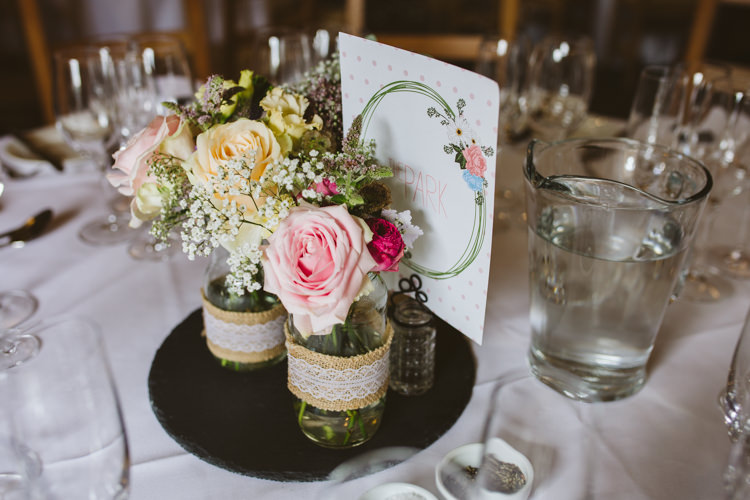 Jar Flowers Hessian Lace Mirror Centrepiece Decor Table Pretty Festival Barn Countryside Wedding http://www.claretamim.co.uk/