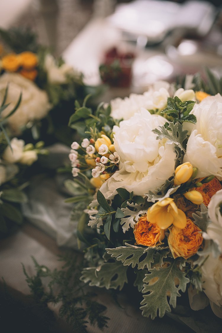 Bouquet Flowers Bride Bridal Peony Yellow Rose Wax Flower Fun Quirky Country House Wedding http://storyandcolour.co.uk/