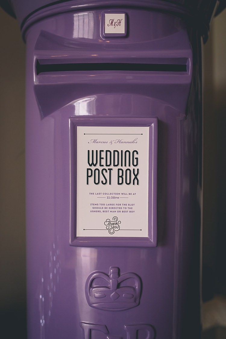 Purple Card Post Box Fun Quirky Country House Wedding http://storyandcolour.co.uk/