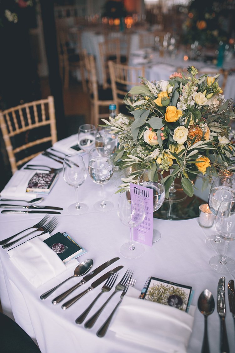 Yellow Flowers Centerepiece Mirror Table Decor Fun Quirky Country House Wedding http://storyandcolour.co.uk/