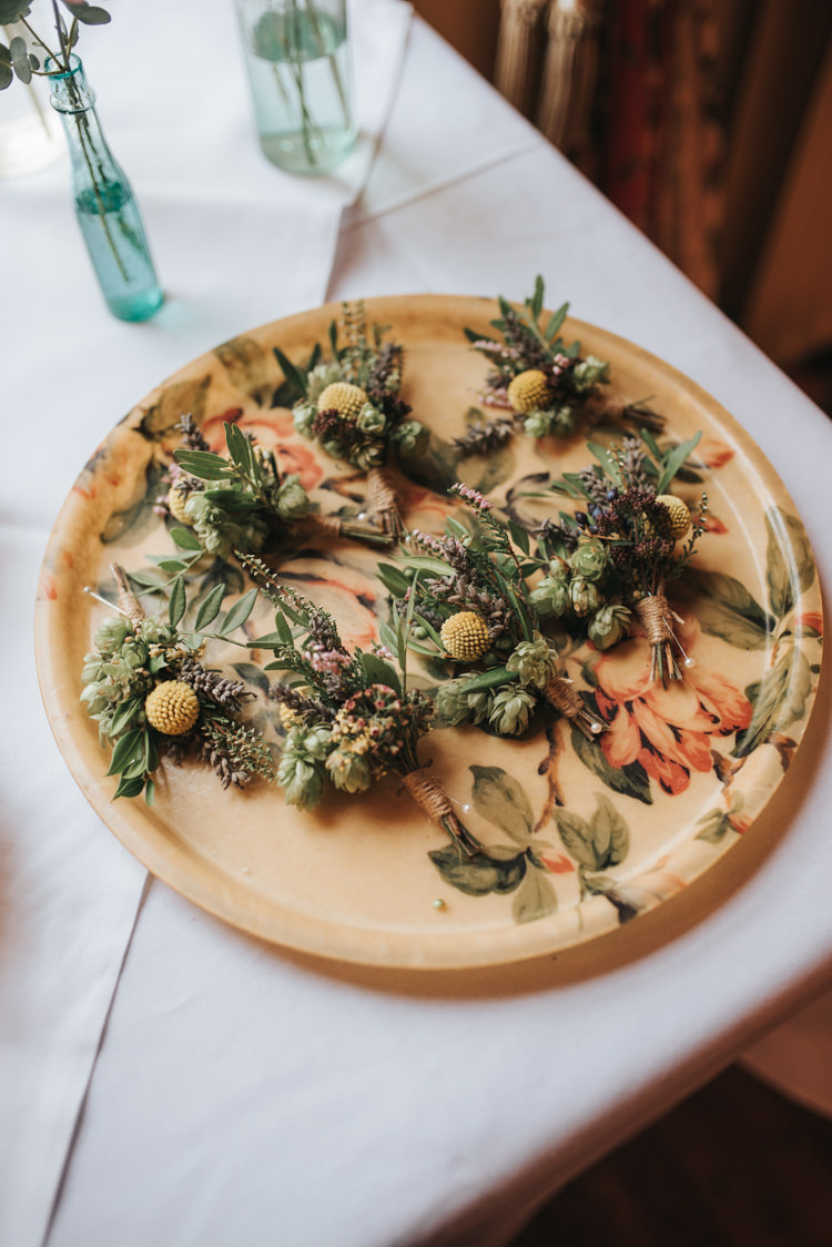 Buttonholes Lavender Billy Ball Groom Groomsmen Floral Autumn Country House Wedding http://pearbearphotography.com/