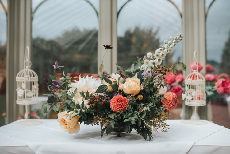 Whimsical Flowers Arrangement Dahlia Rose Orange Peach Floral Autumn Country House Wedding http://pearbearphotography.com/