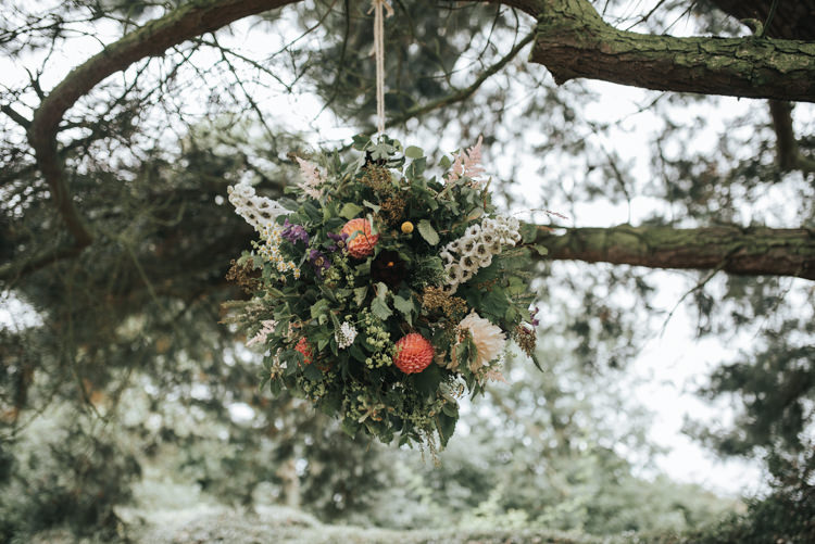 Hanging Flower Bomb Dahlia Orange Floral Autumn Country House Wedding http://pearbearphotography.com/