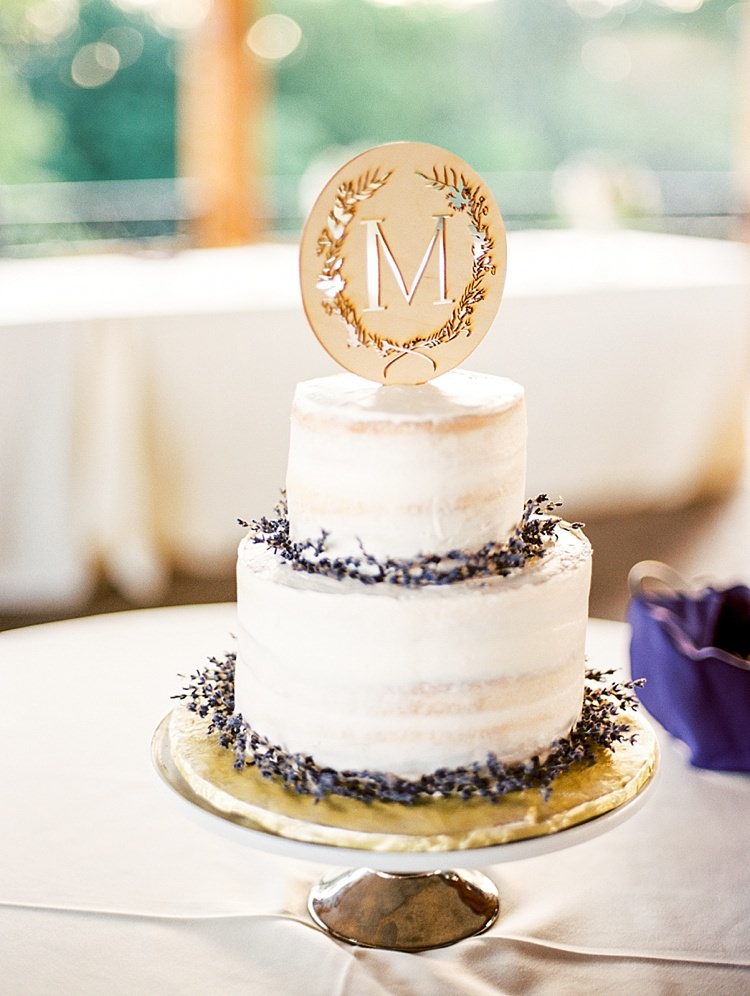Multilayered Wedding Cake Lavender Wreaths Metallic Initial Cake Topper Gold Stand Outdoor Spring Vineyard Wedding Tennessee http://www.juicebeatsphotography.com/