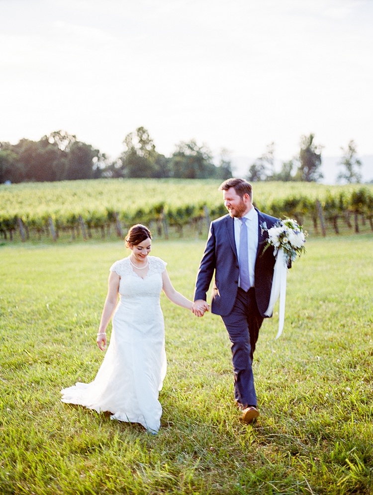 Bride Lace Cap Sleeve Bridal Gown Pearls Groom Navy Suit Purple Tie Bouquet Peonies Lavender Ribbon Sunset Vines Outdoor Spring Vineyard Wedding Tennessee http://www.juicebeatsphotography.com/