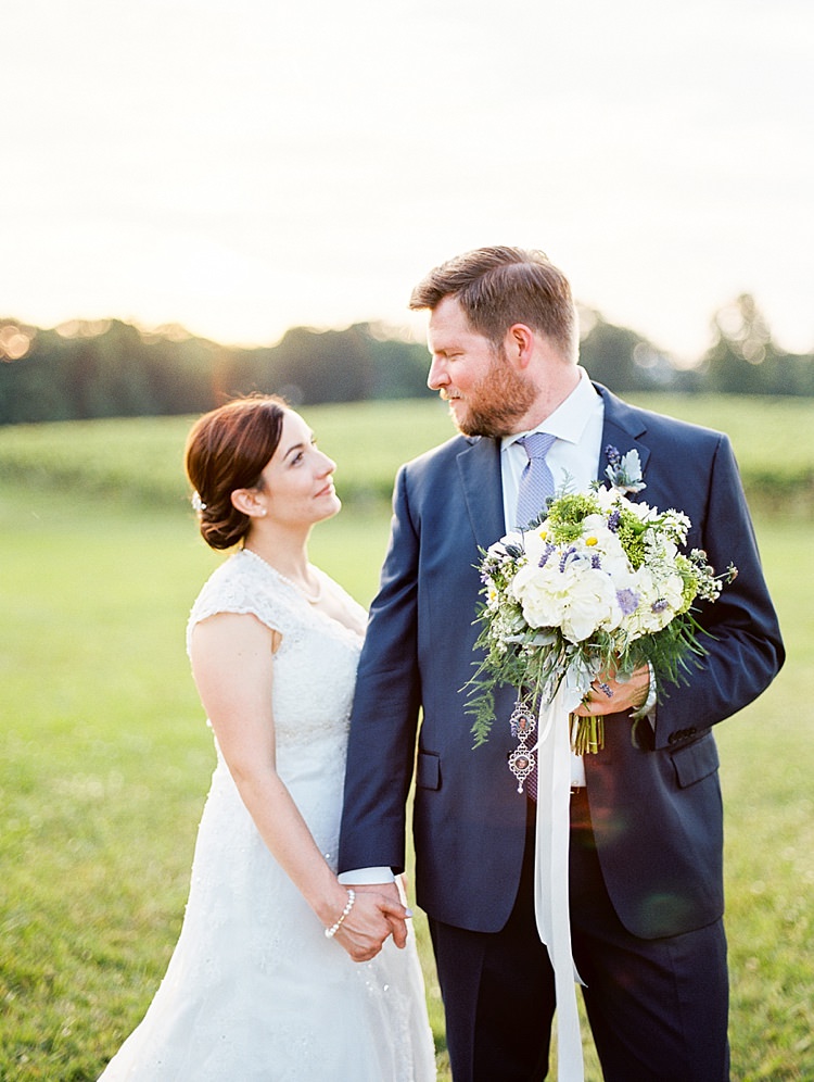 Bride Lace Cap Sleeve Bridal Gown Pearls Groom Navy Suit Purple Tie Bouquet Peonies Lavender Sunset Outdoor Spring Vineyard Wedding Tennessee http://www.juicebeatsphotography.com/