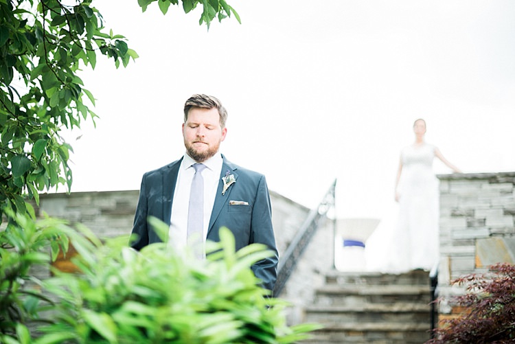 First Look Groom Navy Suit Purple Tie Bride Lace Cap Sleeve Bridal Gown Outdoor Spring Vineyard Wedding Tennessee http://www.juicebeatsphotography.com/
