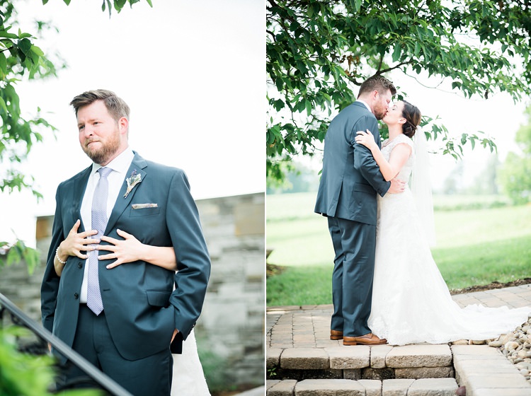 First Look Groom Navy Suit Purple Tie Floral Button Hole Bride Lace Cap Sleeve Bridal Gown Kiss Outdoor Spring Vineyard Wedding Tennessee http://www.juicebeatsphotography.com/