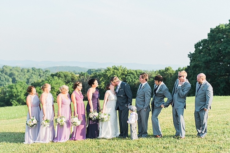 Bridal Party Bride Lace Cap Sleeve Bridal Gown Groom Navy Suit Bridesmaids Different Colours Style Dresses Groomsmen Grey Suits Outdoor Spring Vineyard Wedding Tennessee http://www.juicebeatsphotography.com/