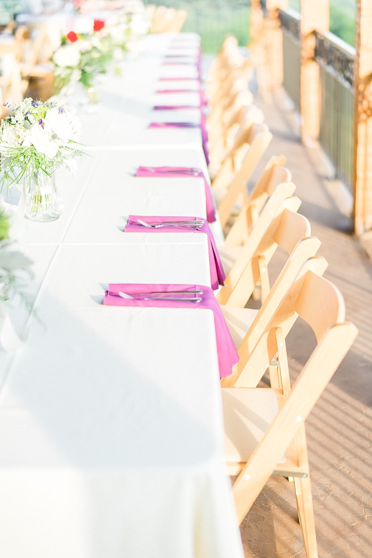 Reception Table Setting Lavender Serviettes Glass Vases Fresh Florals Wooden Chairs Outdoor Spring Vineyard Wedding Tennessee http://www.juicebeatsphotography.com/