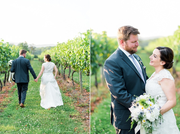 Bride Lace Cap Sleeve Bridal Gown Pearls Groom Navy Suit Purple Tie Bouquet Peonies Lavender Ribbon Sunset Vines Outdoor Spring Vineyard Wedding Tennessee http://www.juicebeatsphotography.com/
