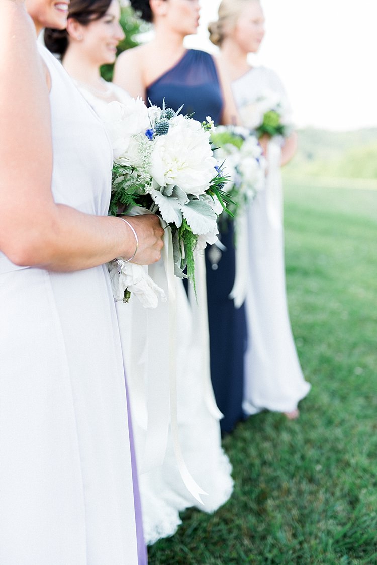 Outdoor Ceremony Bridesmaids Different Dresses Bouquets Peonies Lavender Outdoor Spring Vineyard Wedding Tennessee http://www.juicebeatsphotography.com/
