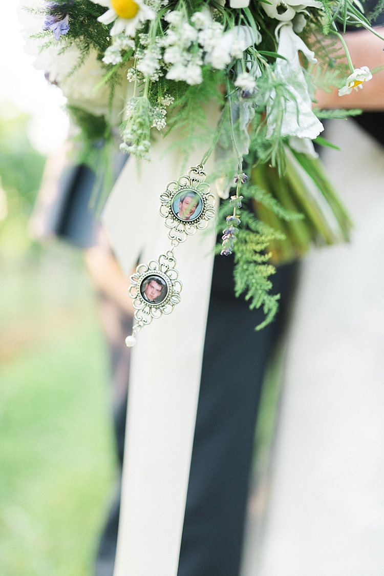 Bridal Bouquet Peonies Daises Lavender White Ribbon Silver Photo Lockets Outdoor Spring Vineyard Wedding Tennessee http://www.juicebeatsphotography.com/