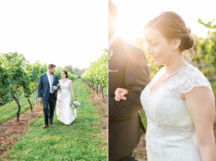 Bride Lace Cap Sleeve Bridal Gown Pearls Groom Navy Suit Purple Tie Bouquet Peonies Lavender Daises Ribbon Sunset Vines Outdoor Spring Vineyard Wedding Tennessee http://www.juicebeatsphotography.com/