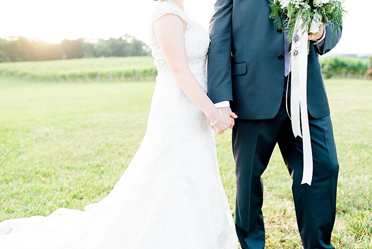 Bride Lace Cap Sleeve Bridal Gown Pearls Groom Navy Suit Purple Tie Bouquet Peonies Lavender Daises Ribbon Sunset Vines Outdoor Spring Vineyard Wedding Tennessee http://www.juicebeatsphotography.com/