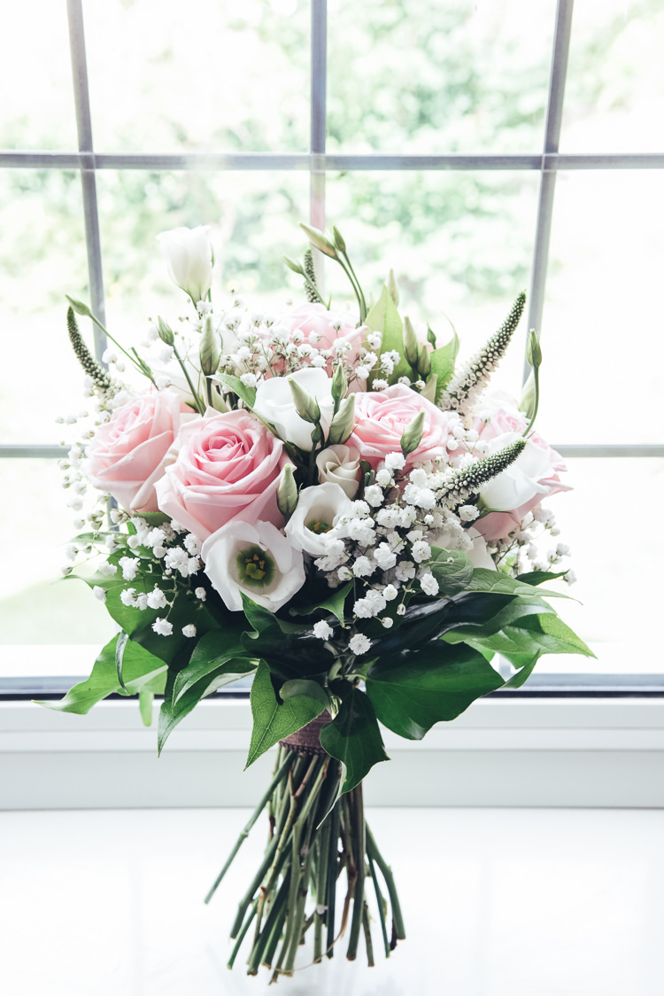 Bouquet Flowers Bride Bridal Pink White Rose Gypsophila Bespoke Rustic Homespun Wedding http://lisahowardphotography.co.uk/
