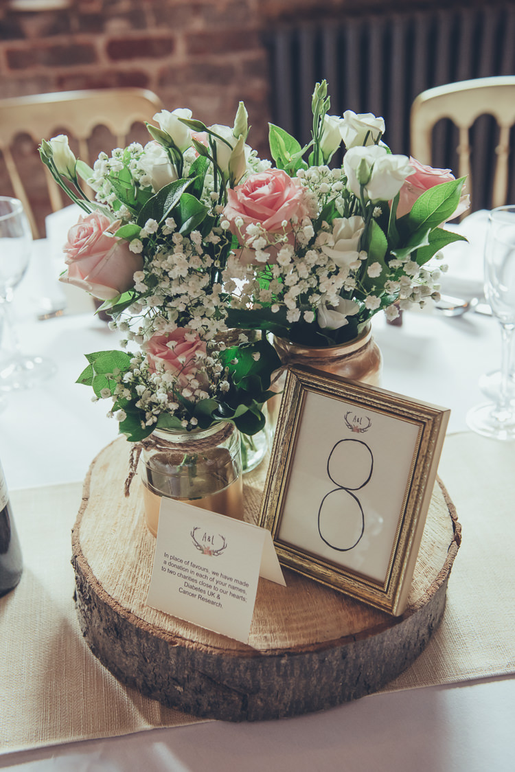 Copper Jar Flowers Log Centrepiece Decor Bespoke Rustic Homespun Wedding http://lisahowardphotography.co.uk/