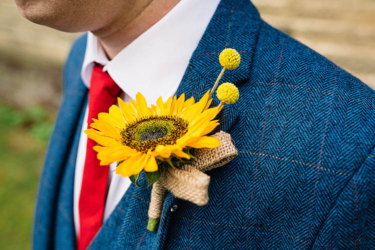 Sunflower Buttonhole Groom Fun Multicoloured Party Wedding http://www.pauljosephphotography.co.uk/
