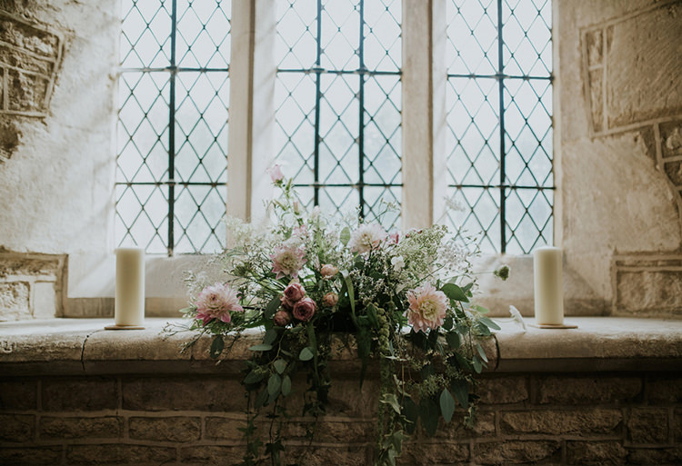 Church Flowers Pink Foliage Beautiful Classic English Countryside Wedding http://jenmarino.com/