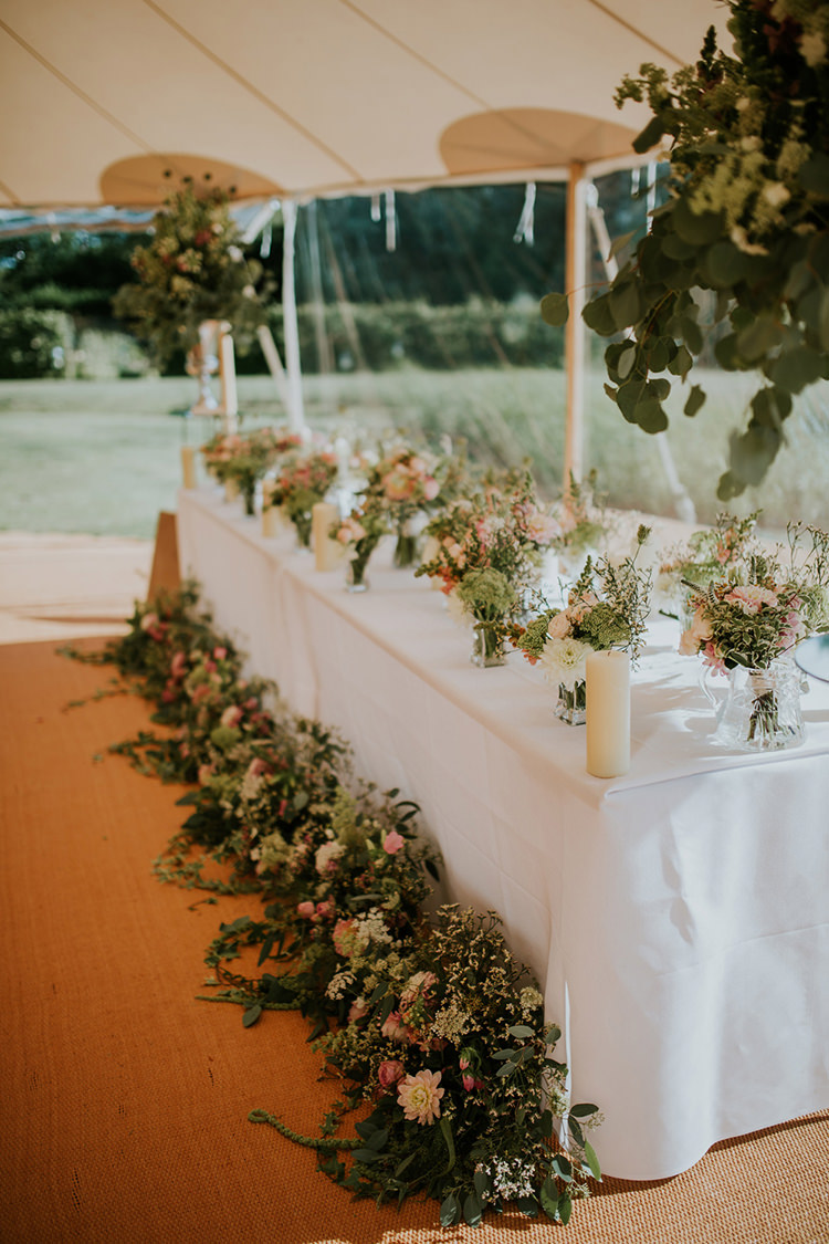 Flowers Top Table Swag Vases Pink Decor Foliage Greenery Beautiful Classic English Countryside Wedding http://jenmarino.com/