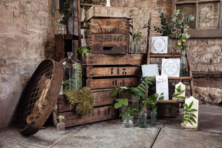Wooden Crates Ladder Decor Organic Foliage Rustic Wedding Ideas http://www.sarahvivienne.co.uk/