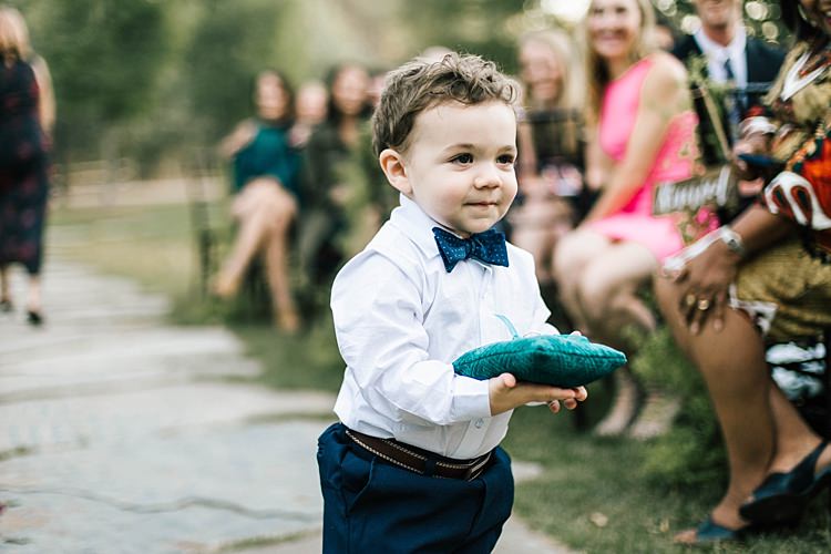 Outdoor Ceremony Ring Bearer Blue Bowtie Ring Cushion Guests Whimsical Boho Outdoor Wedding Alabama http://belightphotography.com/