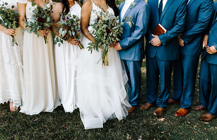 Bridal Party Bride Ivory Lace Tulle Bridal Gown Fresh Wild Floral Eucalyptus Bouquet Groom Navy Blue Suit Bridesmaids Ivory Dresses Groomsmen Navy Suits Whimsical Boho Outdoor Wedding Alabama http://belightphotography.com/