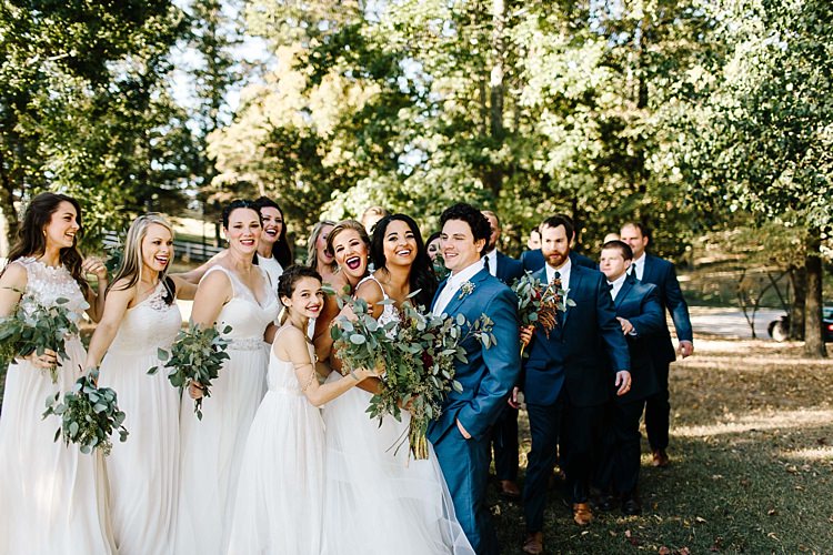 Bridal Party Bride Ivory Lace Tulle Bridal Gown Fresh Wild Floral Eucalyptus Bouquet Groom Navy Blue Suit Bridesmaids Ivory Dresses Groomsmen Navy Suits Whimsical Boho Outdoor Wedding Alabama http://belightphotography.com/