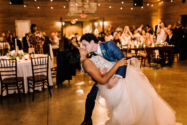 Reception Dancing Bride Ivory Lace Tulle Haley Paige Bridal Gown Loose Braid Groom Navy Blue Suit Ivory Tie Guests Fairy Lights Whimsical Boho Outdoor Wedding Alabama http://belightphotography.com/