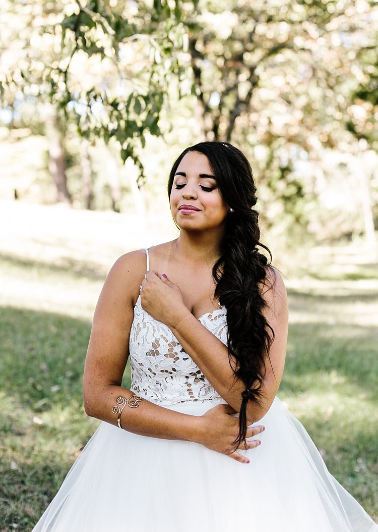 Bride Ivory Lace Tulle Haley Paige Bridal Gown Loose Braid Soft Makeup Arm Band Jewellery Whimsical Boho Outdoor Wedding Alabama http://belightphotography.com/