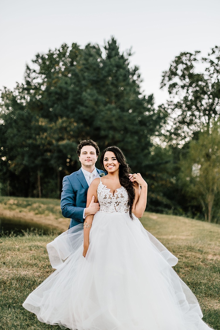 Bride Ivory Lace Tulle Haley Paige Bridal Gown Loose Braid Groom Navy Blue Suit Ivory Tie Whimsical Boho Outdoor Wedding Alabama http://belightphotography.com/