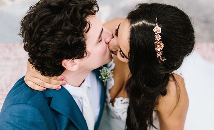 Bride Ivory Lace Tulle Haley Paige Bridal Gown Loose Braid Rose Gold Floral Headband Groom Navy Blue Suit Ivory Tie Kiss Whimsical Boho Outdoor Wedding Alabama http://belightphotography.com/
