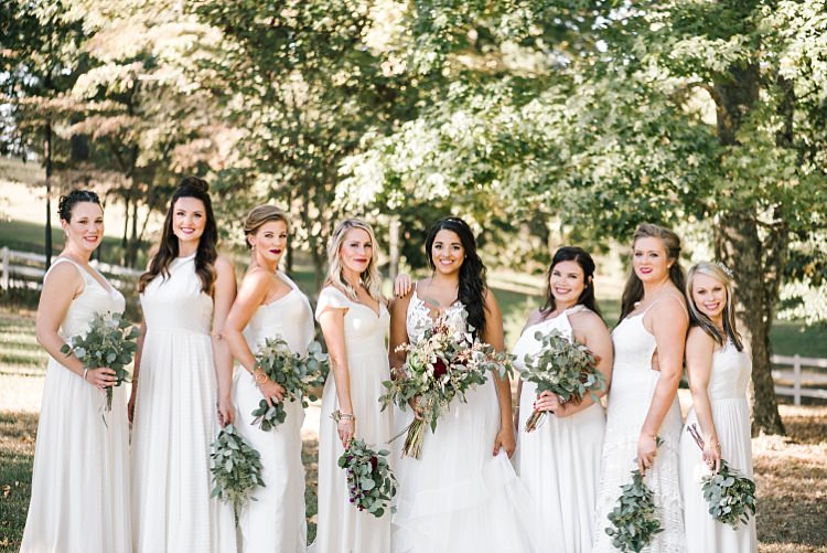 Bride Ivory Lace Tulle Haley Paige Bridal Gown Bridesmaids Ivory Dresses Different Styles Fresh Wild Floral Eucalyptus Bouquets Whimsical Boho Outdoor Wedding Alabama http://belightphotography.com/
