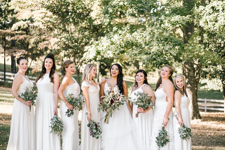 Bride Ivory Lace Tulle Haley Paige Bridal Gown Bridesmaids Ivory Dresses Different Styles Fresh Wild Floral Eucalyptus Bouquets Whimsical Boho Outdoor Wedding Alabama http://belightphotography.com/