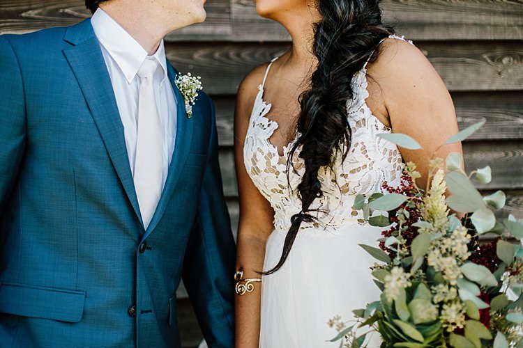 Bride Lace Tulle Bridal Gown Loose Braid Fresh Wild Floral Eucalytpus Bouquet Groom Navy Blue Suit Ivory Tie Whimsical Boho Outdoor Wedding Alabama http://belightphotography.com/