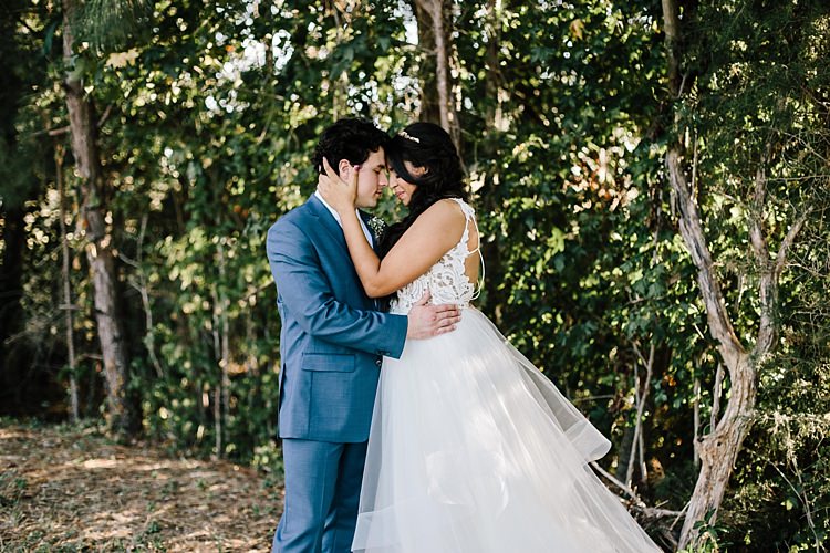 Bride Ivory Lace Tulle Haley Paige Bridal Gown Loose Braid Groom Navy Blue Suit Ivory Tie Whimsical Boho Outdoor Wedding Alabama http://belightphotography.com/