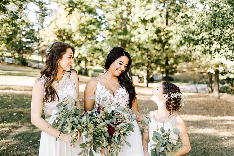 Bride Ivory Lace Tule Haley Paige Bridal Gown Bridesmaids Ivory Dresses Different Styles Fresh Wild Floral Eucalyptus Bouquets Whimsical Boho Outdoor Wedding Alabama http://belightphotography.com/