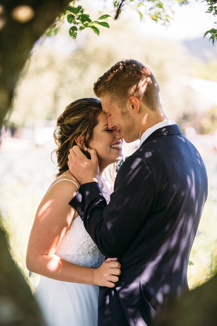 Bride Lace Tulle Bridal Gown Grey Sash Groom Navy Blue Suit Organic Farm Wedding Washington http://www.katiedayphotos.com/